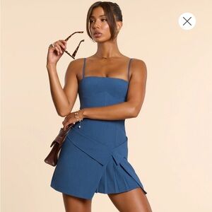 Oh Polly Woven Twill Wrap Over Pleated Mini Dress in French Navy